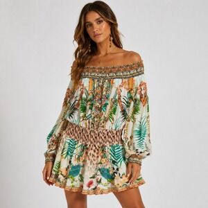 Camilla Silk Off Shoulder Embellished Mini Dress Animal Tropical Sz M Resort
